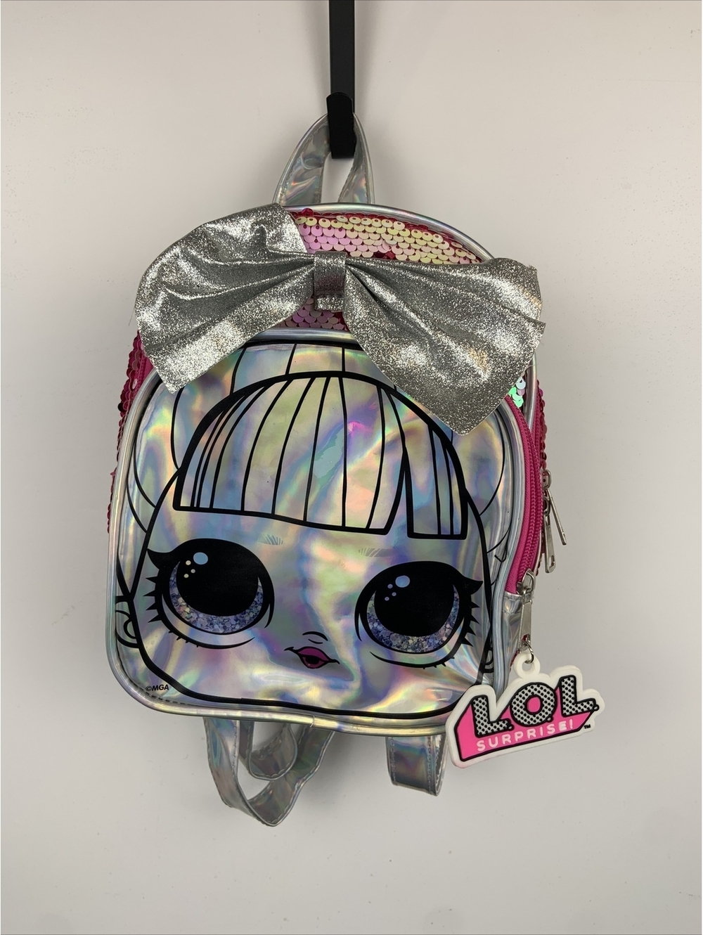 Girls LOL Surprise Mini Backpack 10"  Shiny Silver Pink White W/ Sequins Accents